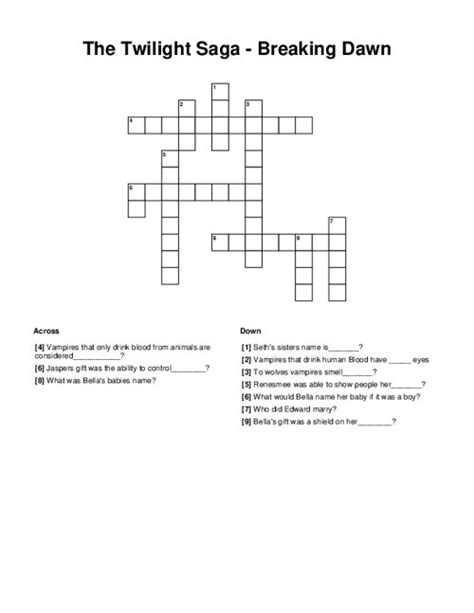 The Crossword Solver found 30 answers to "The Twilight Saga: ___ ___, 2009 Kristen Stewart movie (3,4)", 7 letters crossword clue. The Crossword Solver finds answers to classic crosswords and cryptic crossword puzzles. Enter the length or pattern for better results. Click the answer to find similar crossword clues . Enter a Crossword Clue.. 