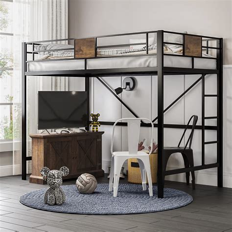 Twin/Full Size Metal Loft Bed Frame With Full-length Guardrails&Lad der ...