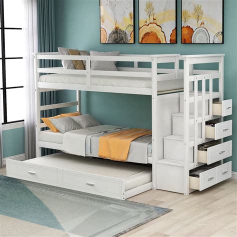 Twin Over Twin Wood Bunk Bed With 4 Drawers, Trundle And Staircase …