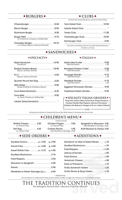 Twin oaks menu cranston. RESTAURANT, TAKE-OUT, INFORMATION: (401) 781-9693. ADVANCED RESERVATIONS: (401) 781-6677. SAME DAY/WEEK RESERVATIONS: (401) 451-7771. Reservations for parties of 10 or more. HOURS: Closed Mondays. Tue - Thu: 11:30 am - … 