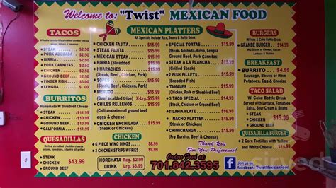  Latest reviews, photos and 👍🏾ratings for Twist Mexican Food Restaurants Watford City North Dakota at 404 2nd Ave SW in Watford City - view the menu, ⏰hours, ☎️phone number, ☝address and map. . 