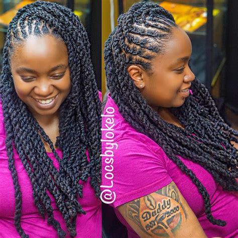Twisted locs. Use 5 to 6 bobby pins to secure any locs that are hanging out. After putting the locs in a ponytail, take two locs and twist them together to your desired length. Make sure you’re twisting the locs from the right to the left to maintain the shape of the loc. Leave a significant length of the locs untwisted towards the end. 
