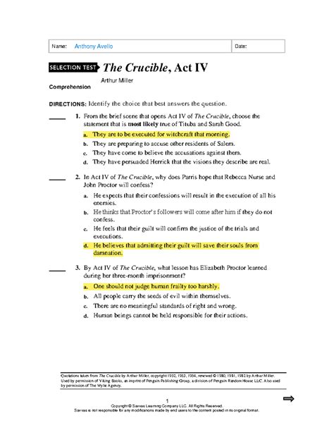 Two Crucible Comprehension Act Check Answers