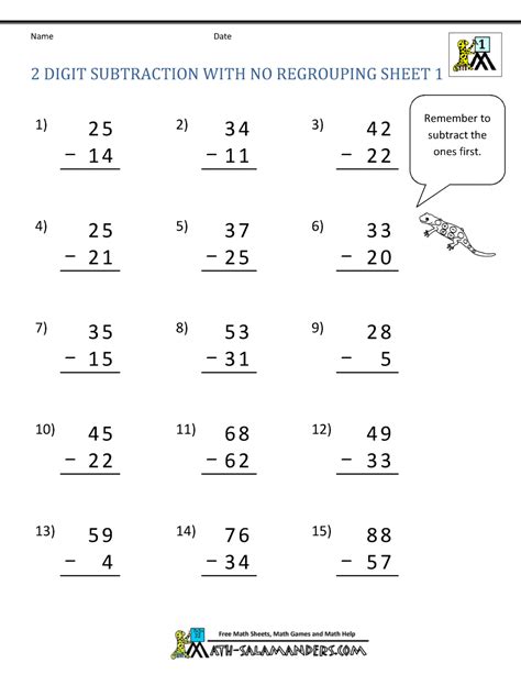Two Digit Subtraction Without Regrouping Worksheets Free Printable