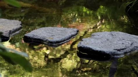 Two friends cross over stepping stones on a reflective pool