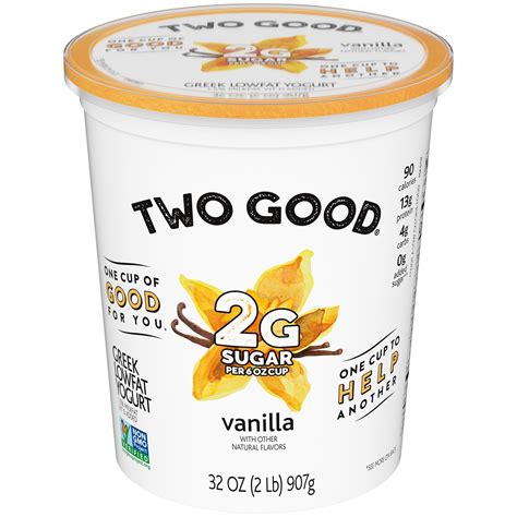 Two good vanilla yogurt. How much sugar does a Two Good cup or smoothie have compared to average yogurt products? It varies based on which product is your favorite: Two Good cups contain 2g of sugar per 5.3oz serving; which is over 80% less sugar than average flavored and plain Greek yogurts*. 