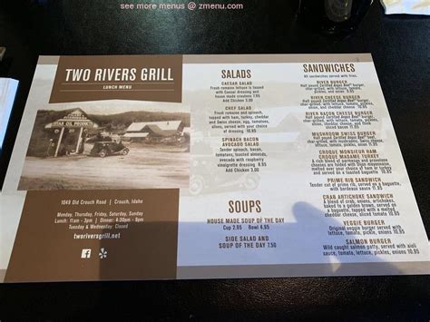 Two rivers grille. Two Rivers Grille in Milford offers the surprise of a small, yet cozy, comfortable atmosphere that is somewhat dressy, yet casual and laidback at the same time. The restaurant serves traditional American foods with an appetizing twist. 