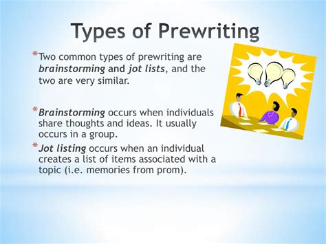 Two types of prewriting. Question and answer. Name and explain two types of prewriting. Two types of prewriting: 1. Freewriting, a prewriting technique, can help you break out of writer s block by letting your ideas flow naturally. 2. Brainstorming is a prewriting technique used to help generate lots of potential ideas about a topic. [ ] 