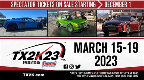 Tx2k 2023 tickets. ROLL race registered drivers. TX2K24 Roll Race presented by Summit Racing Equipment Registered Drivers (as of 1/31/24) Avg whp: 1808. Car Number 0: Billy Sitaras – 2012 Nissan GTR – 3500 whp (reigning Champ) Kevin Howeth – 2015 Lamborghini Huracan TT – 3000 whp. KC Howeth – 2023 Lamborghini Huracán TT – 3000 whp. 