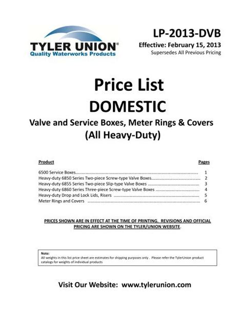 Tyler Union Price List