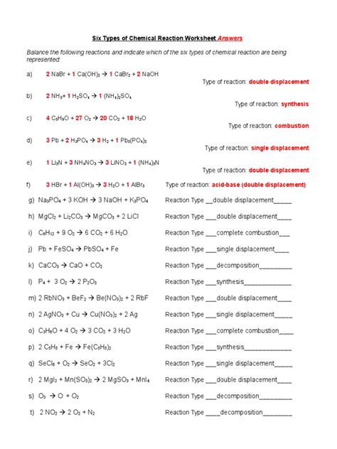 Types Chemical Reactions Practice Problems Answer Key
