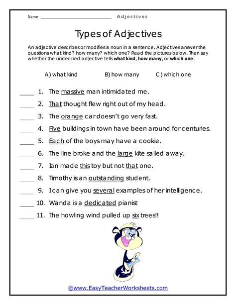 Types of Adjectives Worksheet Zone