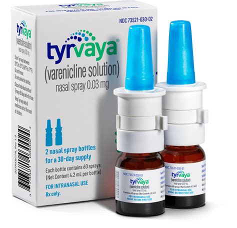 Feb 8, 2024 · Use TYRVAYA exactly as your healthcare provider tells you to use it. Do not shake the bottles. Spray TYRVAYA 1 time in each nostril, 2 times daily (about 12 hours apart). A 1-month supply of TYRVAYA consists of 2 nasal spray bottles. Finish 1 bottle before opening the second. TYRVAYA comes in glass bottles with a white nasal pump and blue dust ... . 