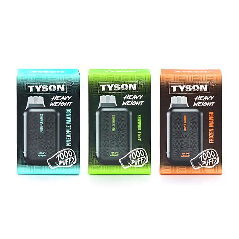 Tyson 2.0. Features. 7000 Puffs. Each disposable Tyson Vape has 7000 puffs ⎯ 10 times the average vape! 15ml E-juice. Tyson Vapes gives you more E-juice in every disposable device than any other with 15ml of E-juice. 5% Nicotine Salt. Tyson’s vape formula is 5% Nicotine Salt, making it more potent and powerful in every puff. Mesh Coil. 