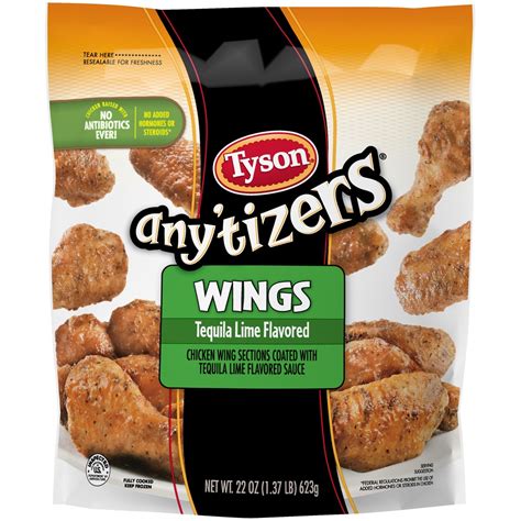 Tyson anytizer. The cooking time for Tyson Any'tizers in an air fryer can vary depending on the size and type of Any'tizer, as well as the temperature of the air fryer. Here is a time and temp guide to use for a few common Tyson Any'tizers at 400°F (200°C): Chicken wings: 12 to 15 minutes, flipping halfway through. Boneless chicken bites: 10-12 mins ... 