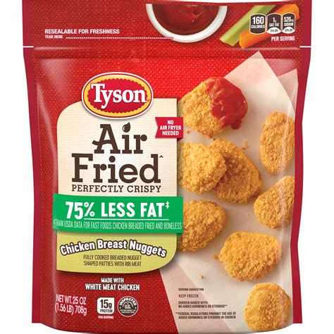 Tyson chicken nuggets air fryer. Tyson's famous Chicken Nugget gives you a taste like no other. Each bite will be filled with deliciousness. Made from premium poultry for the whole family. ... Remove required amount from packaging without thawing - Deep fry at 180°C for 4-5 minutes - Fry in the air fryer at 200°C for 10-11 minutes - Appliances vary. Heating times approximate ... 