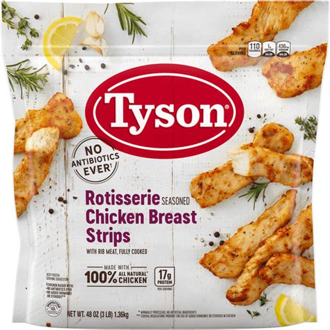 Tyson rotisserie chicken strips. Rotisserie seasoned chicken breast strips, rotisserie seasoned by Tyson Foods, Inc. contains 110 calories per 84 g serving. This serving contains 3.5 g of fat, 17 g of protein and 2 g of carbohydrate. The latter is 0 g sugar and 0 g of dietary fiber, the rest is complex carbohydrate. More Info At www.nutritionvalue.org ››. 
