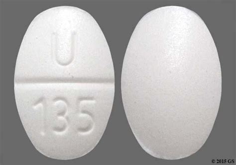 U 135 oval white pill. Enter the imprint code that appears on the pill. Example: L484; Select the the pill color (optional). Select the shape (optional). Alternatively, search by drug name or NDC code using the fields above. Tip: Search for the imprint first, then refine by color and/or shape if you have too many results. 