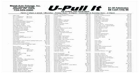 U Auto Pull It Price List