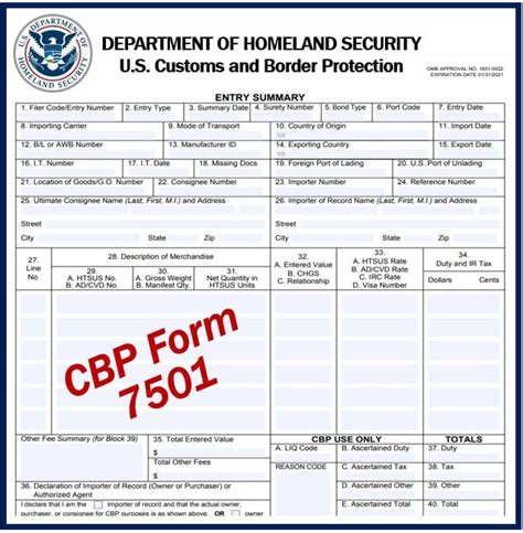 U.S. Customs Form CBP Form 7501 Document/Payment Transmittal Test