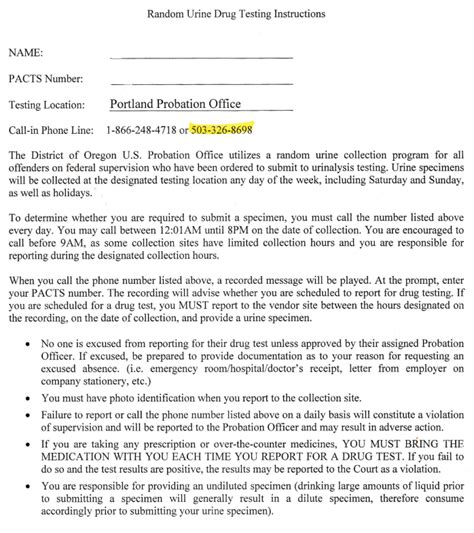 U.S. Probation Random Drug Testing Instructions and Contract Oregon