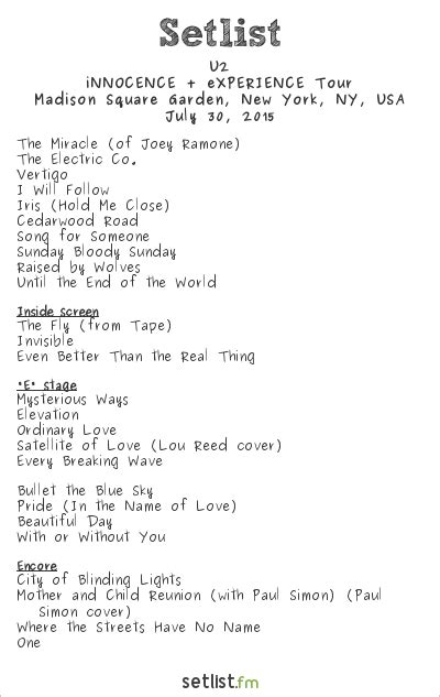 U2 concert setlist. Get the U2 Setlist of the concert at D.Y. Patil Stadium, Mumbai, India on December 15, 2019 from the The Joshua Tree Tour 2019 Tour and other U2 Setlists for free on setlist.fm! 