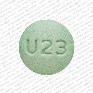 U23 green pill. Enter the imprint code that appears on the pill. Example: L484; Select the the pill color (optional). Select the shape (optional). Alternatively, search by drug name or NDC code using the fields above. Tip: Search for the imprint first, then refine by color and/or shape if you have too many results. 