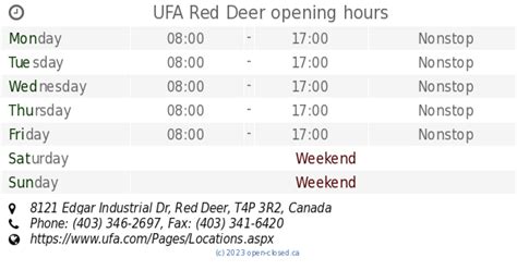 UFA Red Deer opening hours