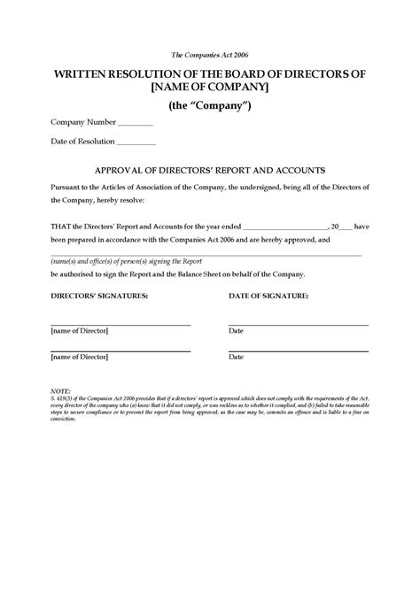 UK Board Resolution to Approve Report and Accounts Legal Forms and