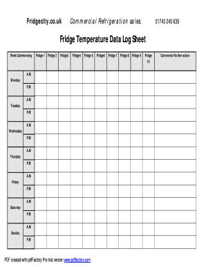 UK Fridge City Fridge Temperature Data Log Sheet Fill and Sign