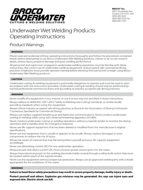 Underwater Wet Welding Products Operating Instructions - raincitystudios.com