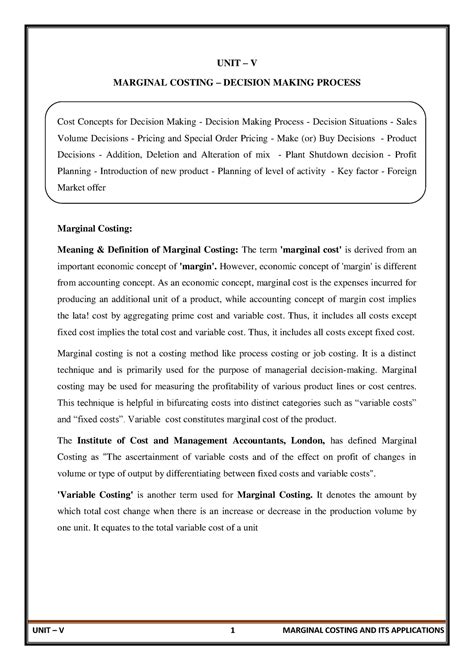 UNIT -V Marginal Costing and its applications - Studocu