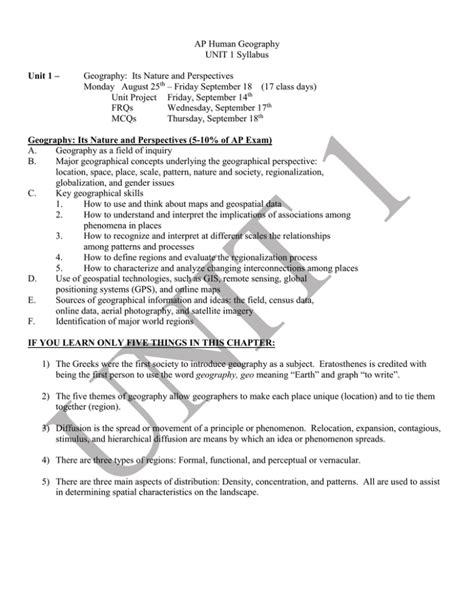 UNIT 1 AP Human Geography UNIT 1 Syllabus Unit 1 Geography