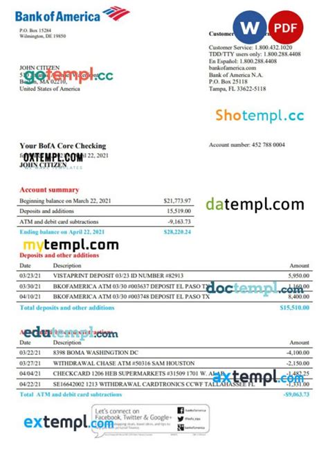 USA Bank of America bank statement template in Word and P...