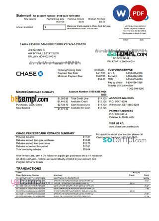 USA Chase credit card statement easy to fill template in Excel and PDF