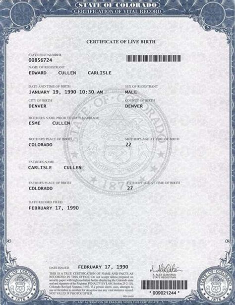 USA Colorado Birth Certificate Template PSD File