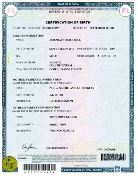 USA Florida Birth Certificate PSD Template Download File