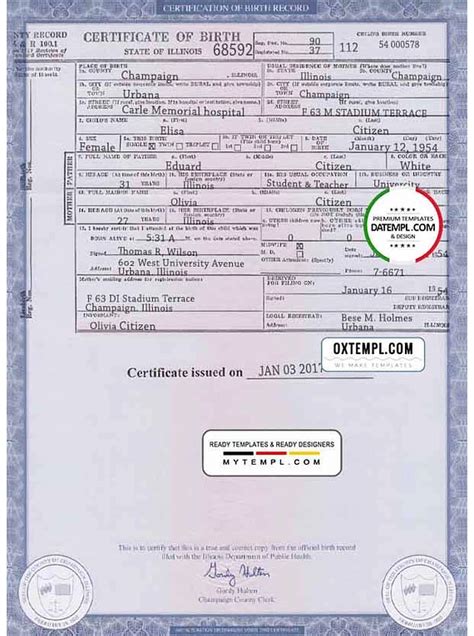 USA Illinois state birth certificate template in PSD form... Champaign