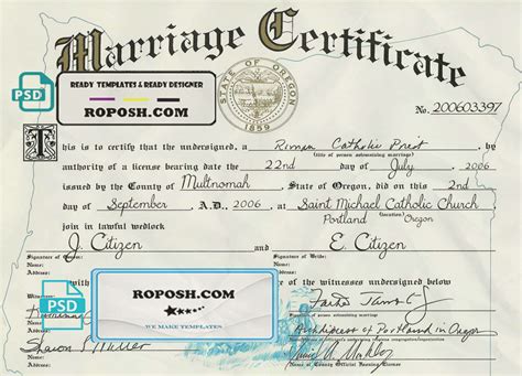 USA Oregon state marriage certificate template in PSD format roposh
