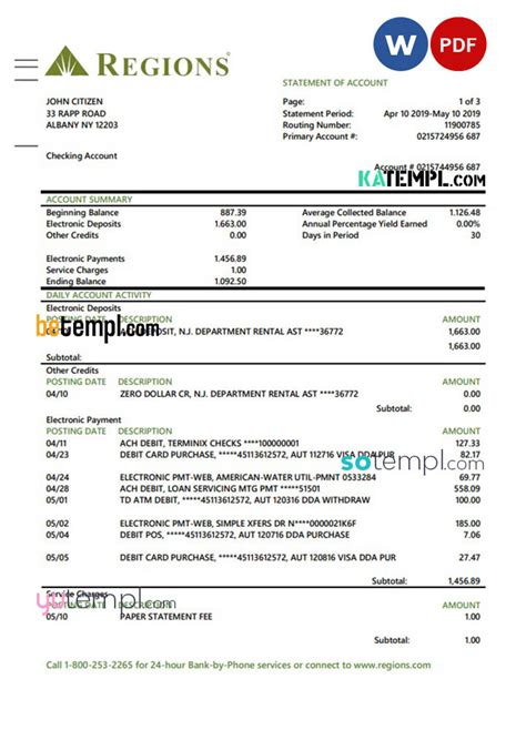 USA Regions bank proof of address statement template in Word format