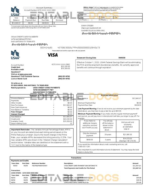 USA USAA bank Credit card statement template in Excel and PDF format