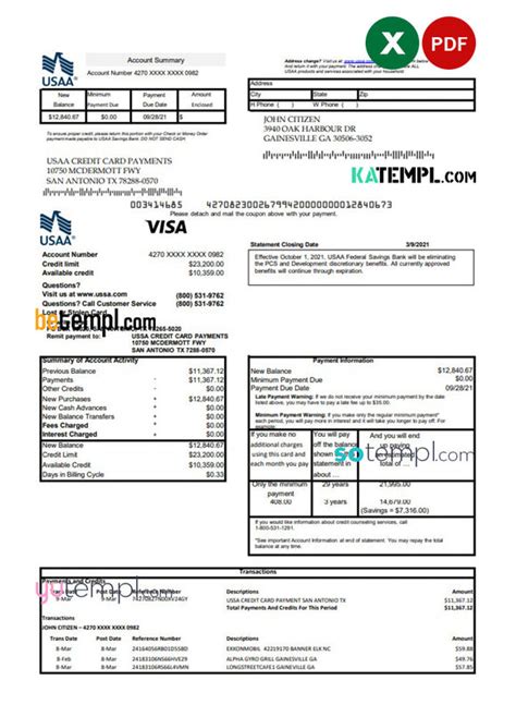 USA USAA bank Credit card statement template in Excel and PDF format in