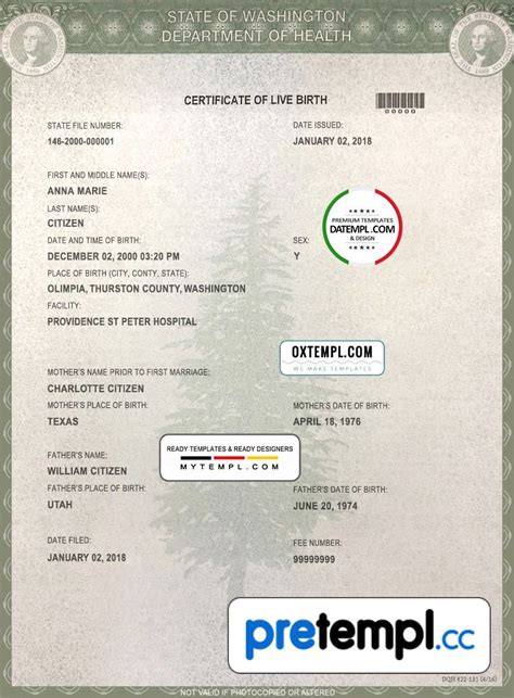 USA Washington state birth certificate example in PSD format, fully