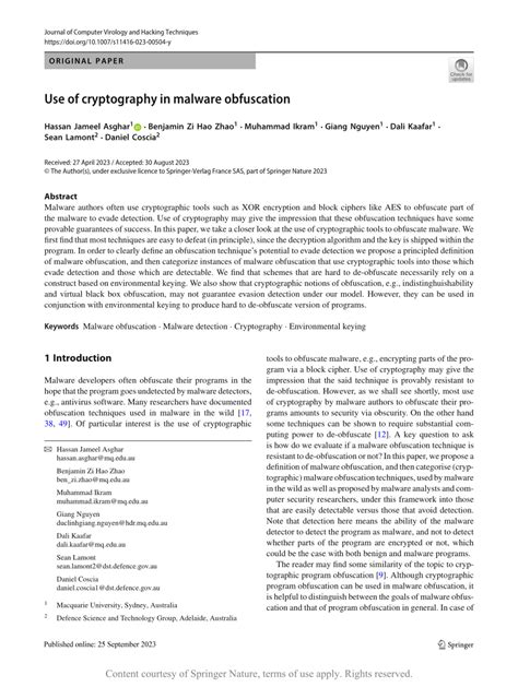 Use of cryptography in malware obfuscation - Springer - coolestguyplanet.net