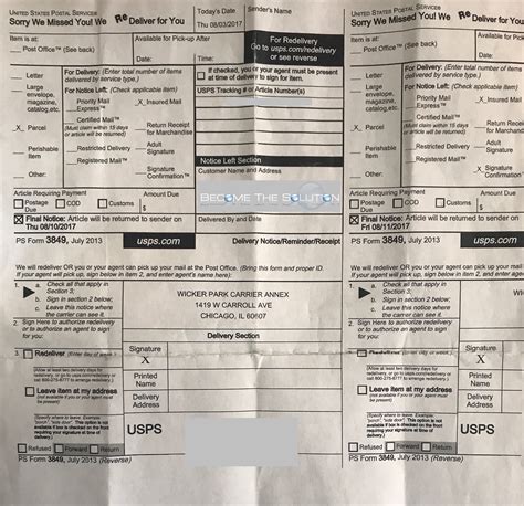 USPS Form 3849 Notice Left Section in Mailbox But Package Not at