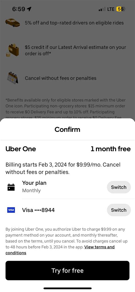 Uber eats one free trial.  Your payment method will be charged at the rate and frequency you...