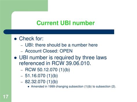 Ubi number. A Unified Business Identifier (UBI) number is assigned to your business when you apply for a license with the Department of Revenue. Learn how to apply online or by … 