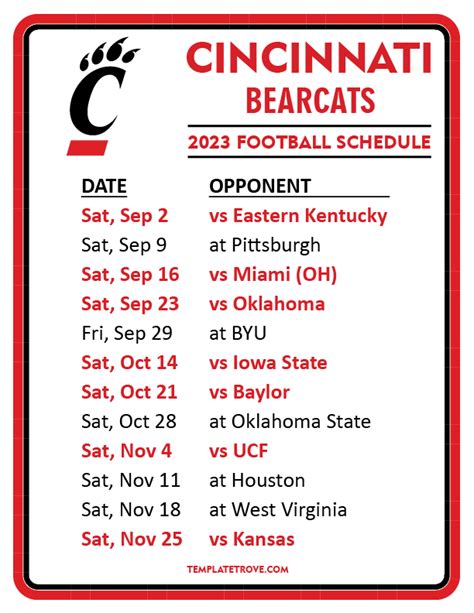 Cincinnati Bearcats schedule 2023. Saturday, Sept. 2: vs. Eastern Kentucky. Won 66-13. Saturday, Sept. 9: at Pittsburgh. Won 27-21. Saturday, Sept. 16: …. 