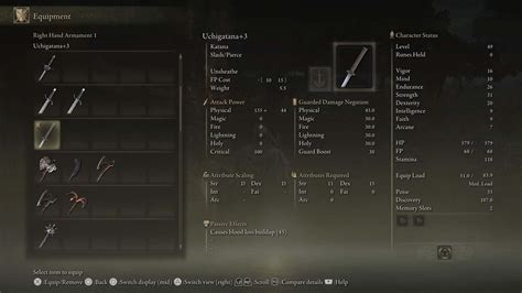Uchigatana requirements. The Uchigatana can be found in the Deathtouched Catacombs in Limgrave (a fair ways up the chasm that leads north from Lake Agheel). It is also the starting weapon for the Samurai class. Bloodhound ... 