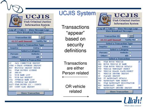 Ucjis. UCJIS. Warrants can also be entered manually using the Warrant Management System (WMS) which is available to all justice courts and electronically transmits to UCJIS. Law Enforcement is encouraged to enter any pertinent information into the Comments field and to update the warrant status as soon as it is served. 